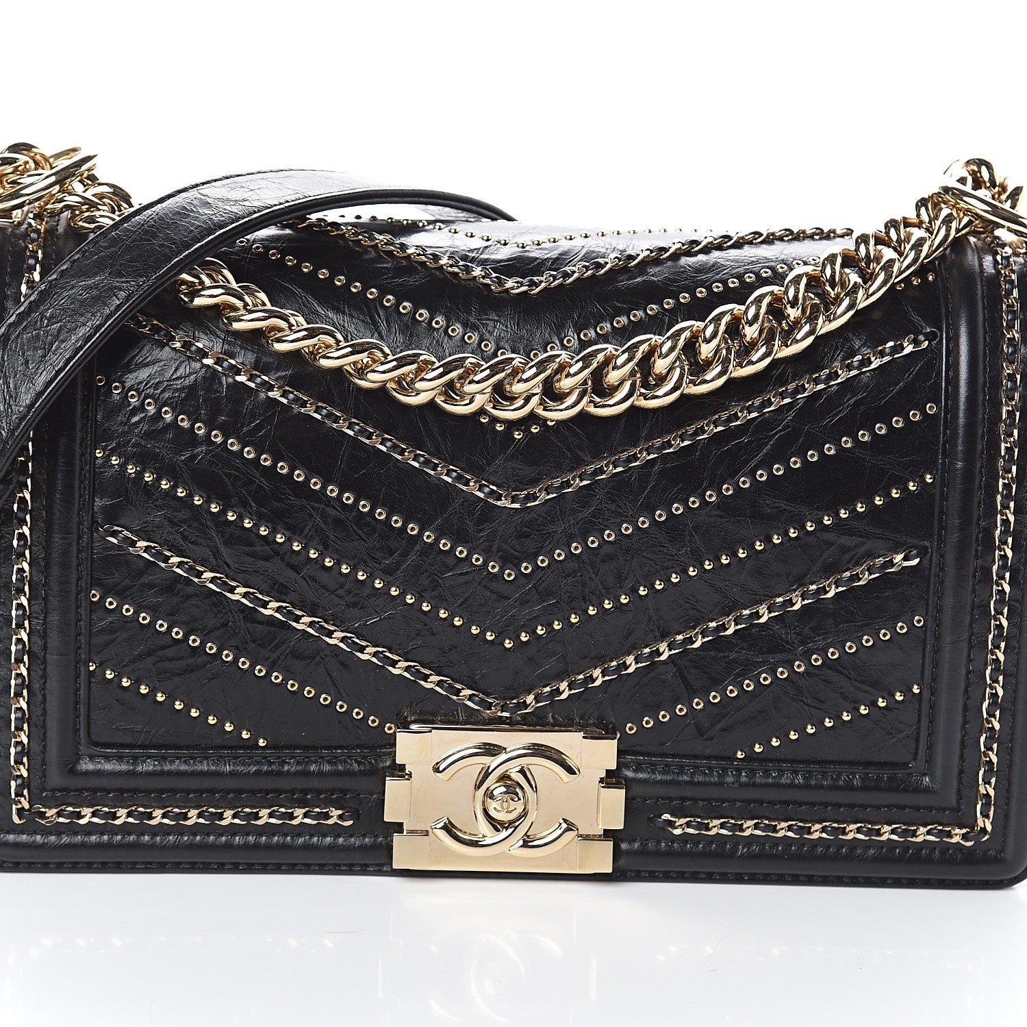 Chanel Crumpled Calfskin Chevron Chain Medium Boy Flap Black 7 of 9
