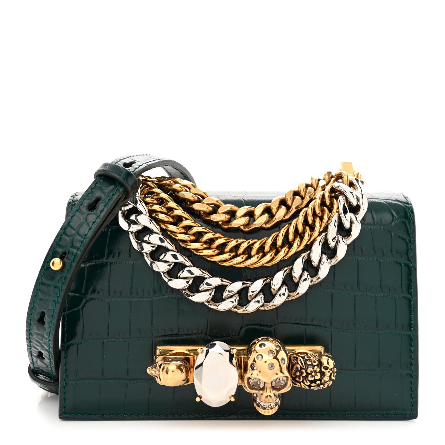 Shiny Crocodile Embossed Jeweled Satchel Emerald