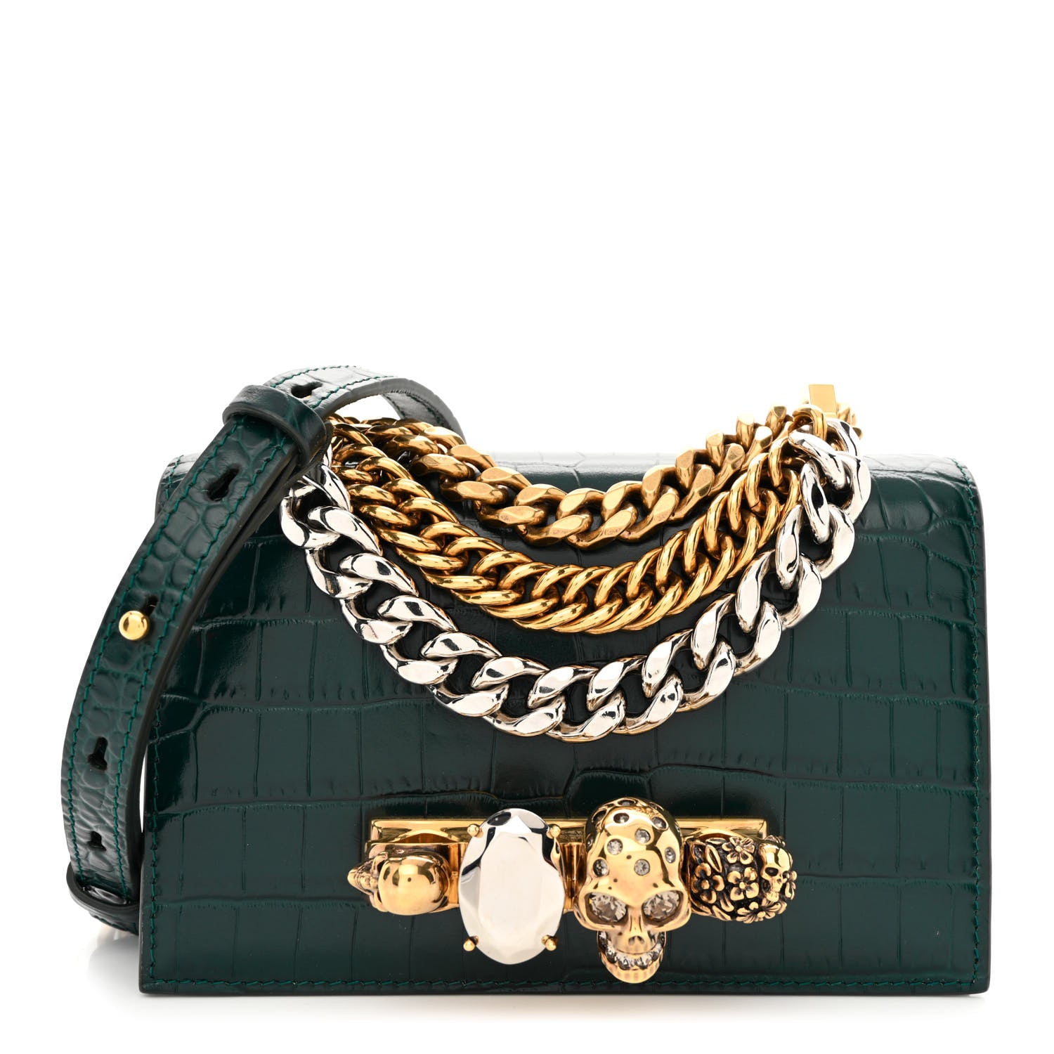 Alexander McQueen Shiny Crocodile Embossed Jeweled Satchel Emerald 1 of 11