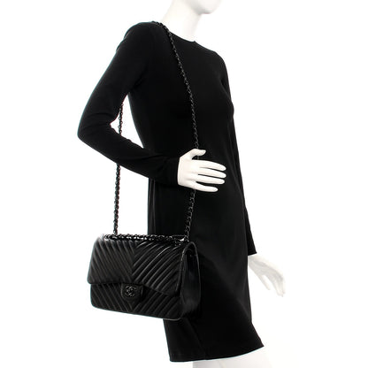 Chanel Lambskin Chevron Quilted Jumbo Double Flap So Black 2 of 8
