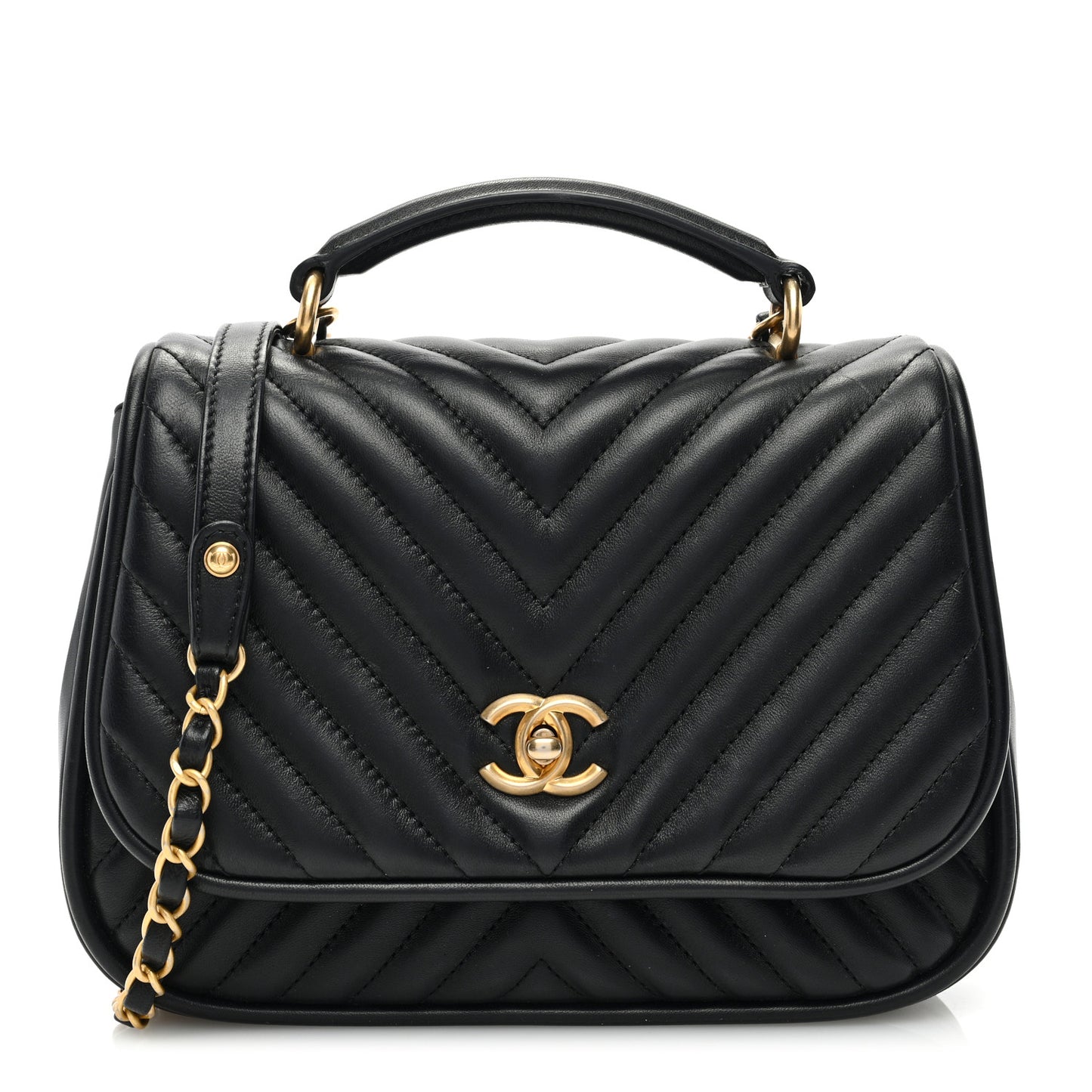 Lambskin Reverse Chevron Quilted Round Top Handle Flap Black