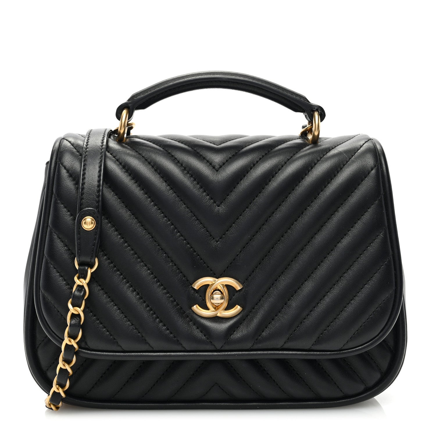 Chanel Lambskin Reverse Chevron Quilted Round Top Handle Flap Black 1 of 10
