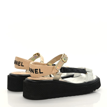 Chanel Lambskin Logo Platform Sandals 38.5 Beige Gold White 4 of 8