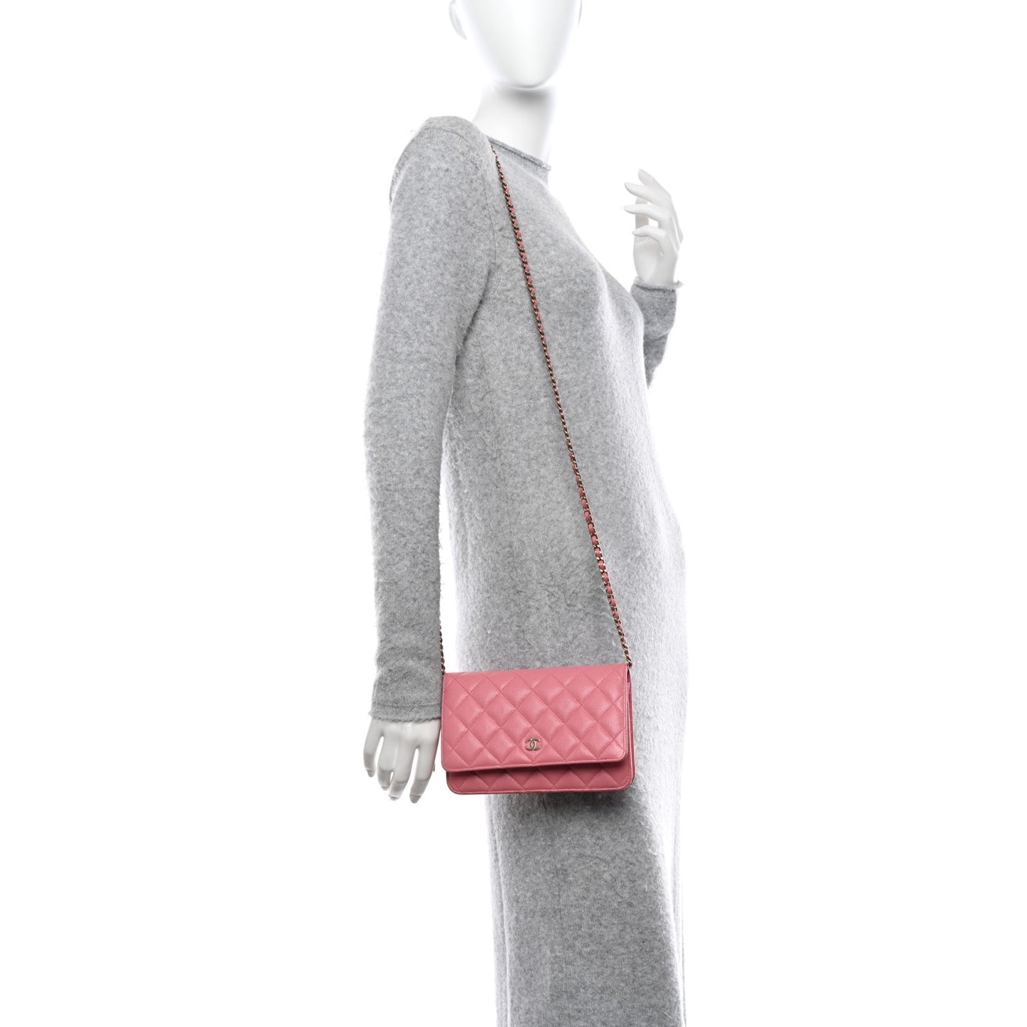 Shiny Caviar Quilted Wallet On Chain WOC Pink