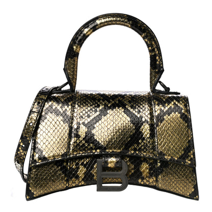 Balenciaga Shiny Calfskin Snakeskin Embossed Hourglass Top Handle Bag XS Gold Black 1 of 8
