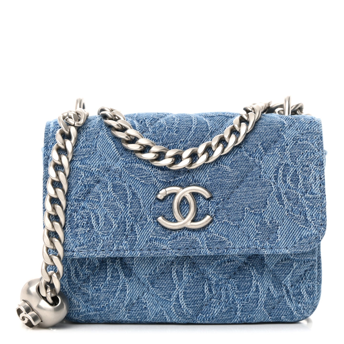 Denim Quilted Camellia Sweetheart Clutch With Chain Blue