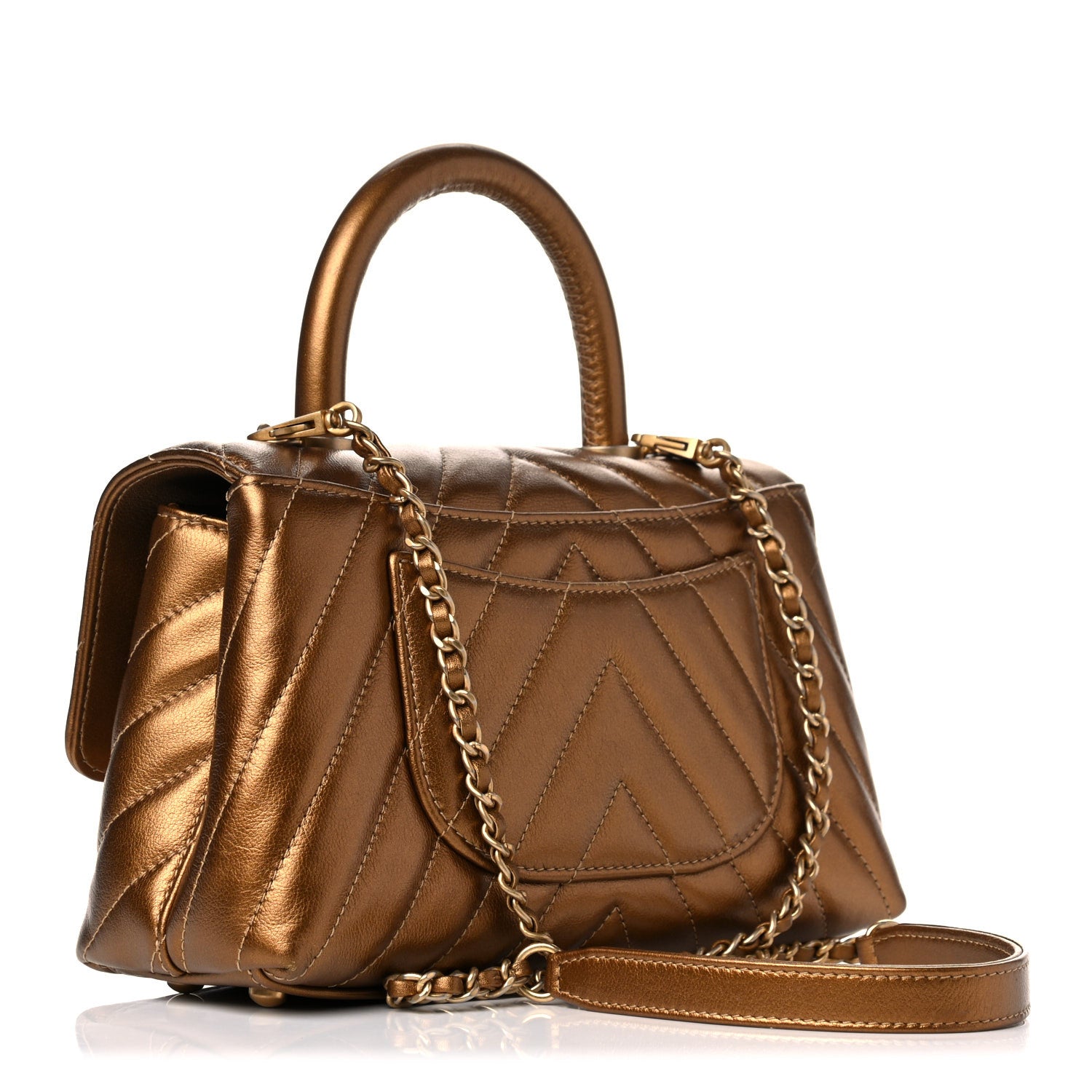 Chanel Metallic Calfskin Chevron Quilted Mini Coco Handle Flap Gold 2 of 12