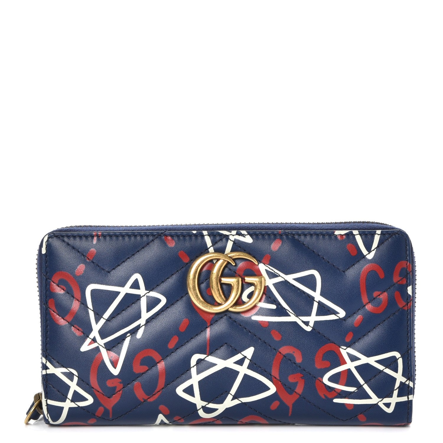 Gucci Calfskin Matelasse GucciGhost GG Marmont Zip Around Wallet Blue Agata Hibiscus Red 1 of 8