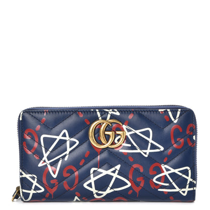 Gucci Calfskin Matelasse GucciGhost GG Marmont Zip Around Wallet Blue Agata Hibiscus Red 1 of 8