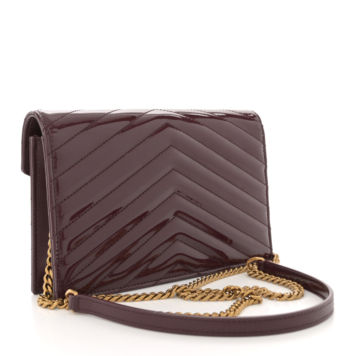 Patent Calfskin Matelasse Chevron Monogram Envelope Chain Wallet Dark Red Wine