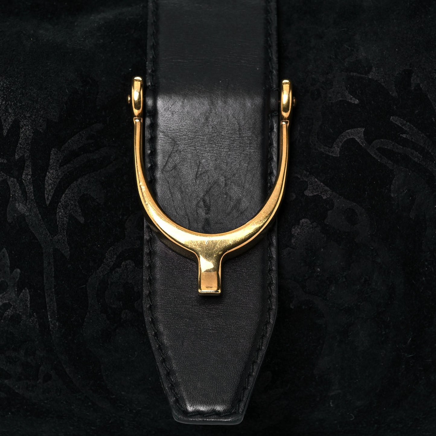 Nubuck Brocade Medium Soft Stirrup Shoulder Bag Black