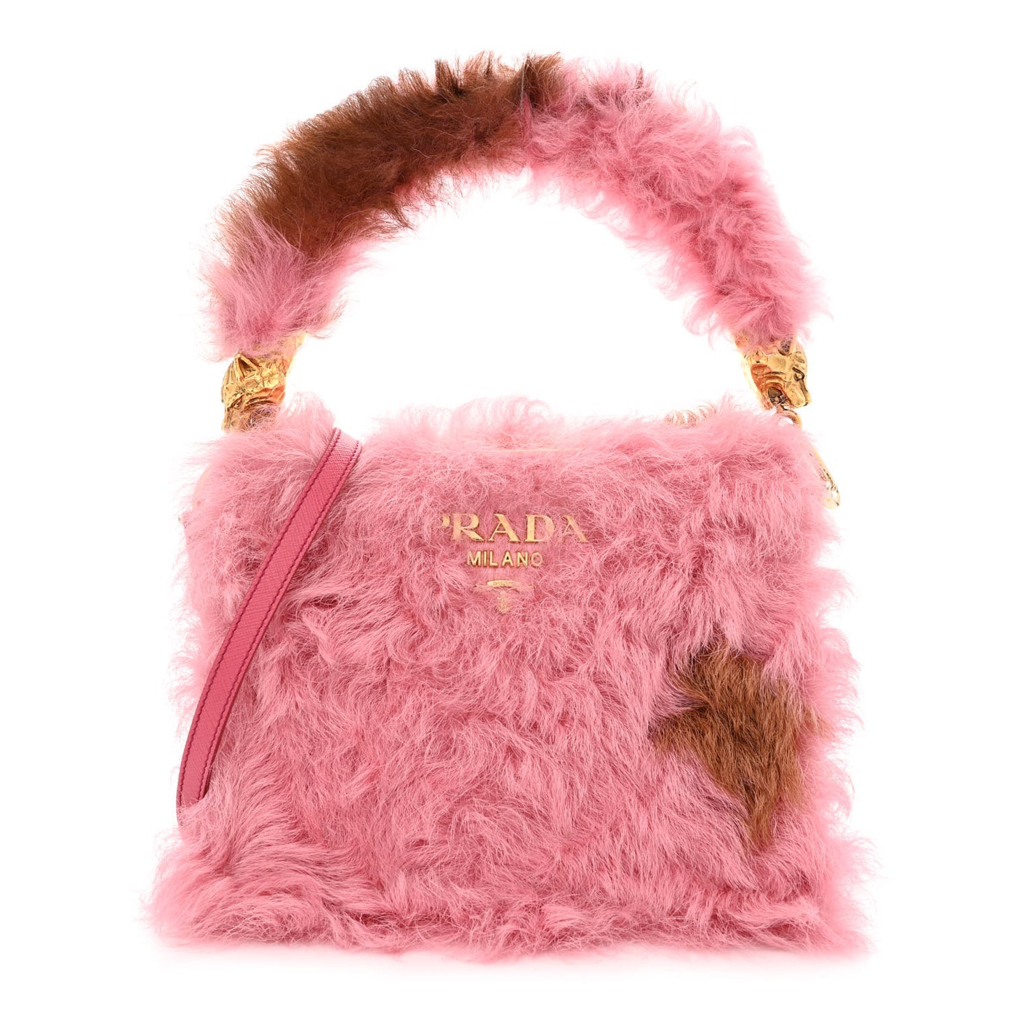 Montone Shearling Fox Fur Saffiano Shoulder Bag Begonia Cammello