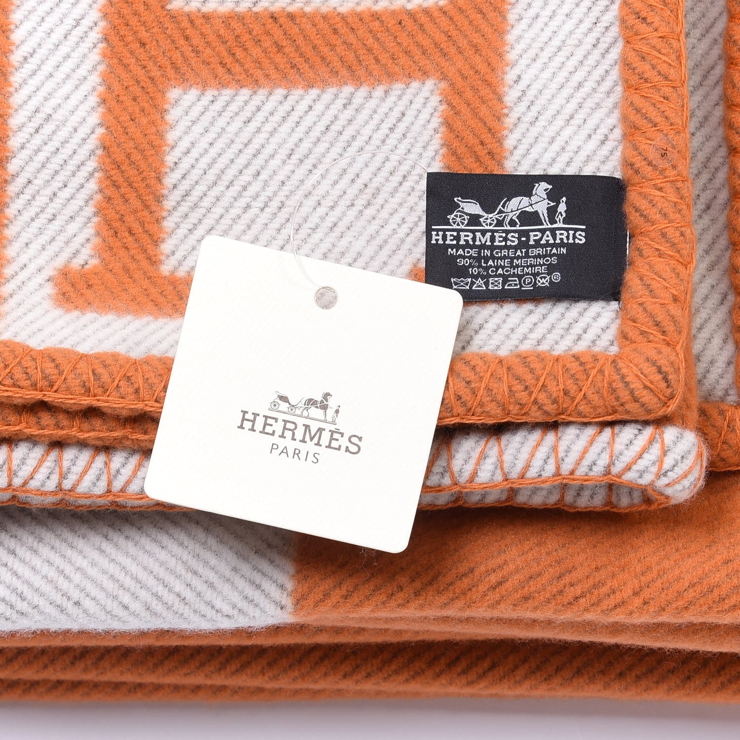 Hermes Wool Cashmere Signature Classic Avalon Blanket Ecru Potiron 3 of 3