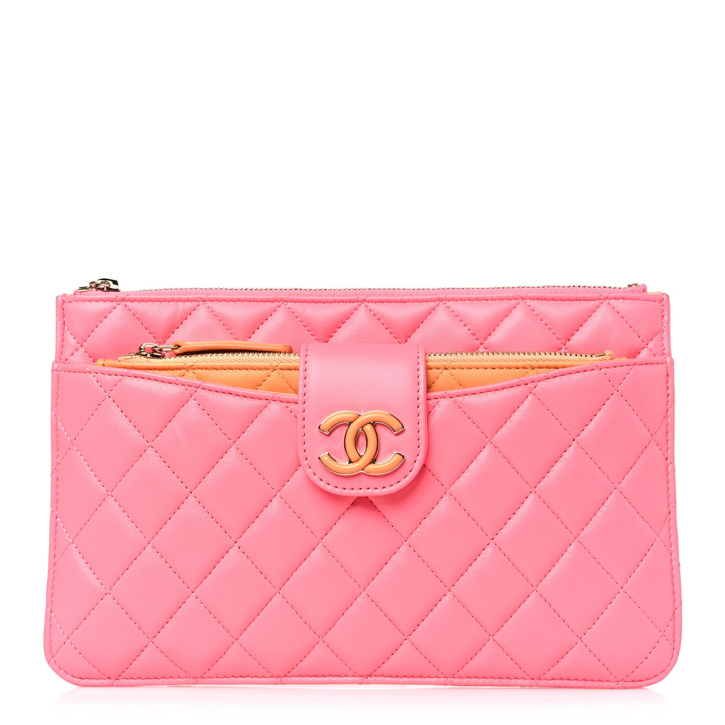 Lambskin Quilted Sunset Boulevard Pouch Case Coral Orange