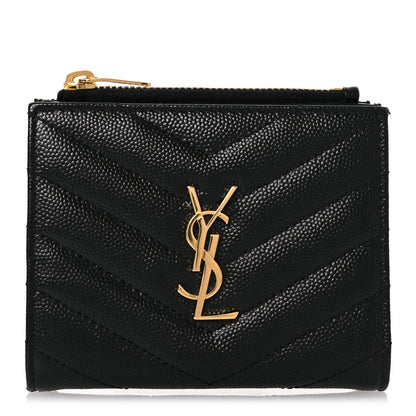 Saint Laurent Grain De Poudre Matelasse Chevron Monogram Zipped Card Case Black 1 of 10