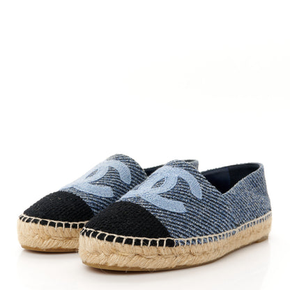 Chanel Cotton Tweed CC Espadrilles 38 Blue Ecru Black 4 of 11