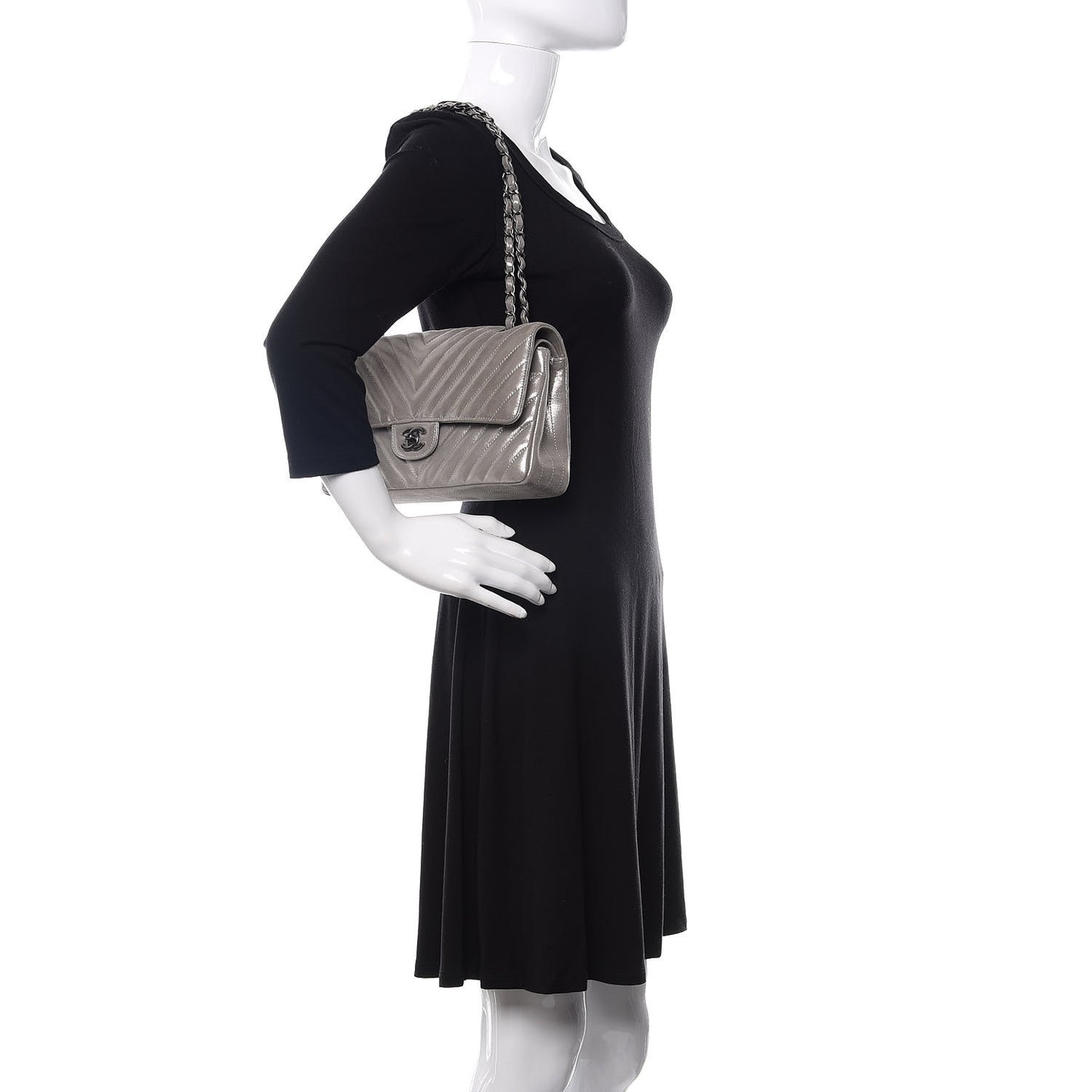 Iridescent Calfskin Chevron Quilted Medium Double Flap Silver