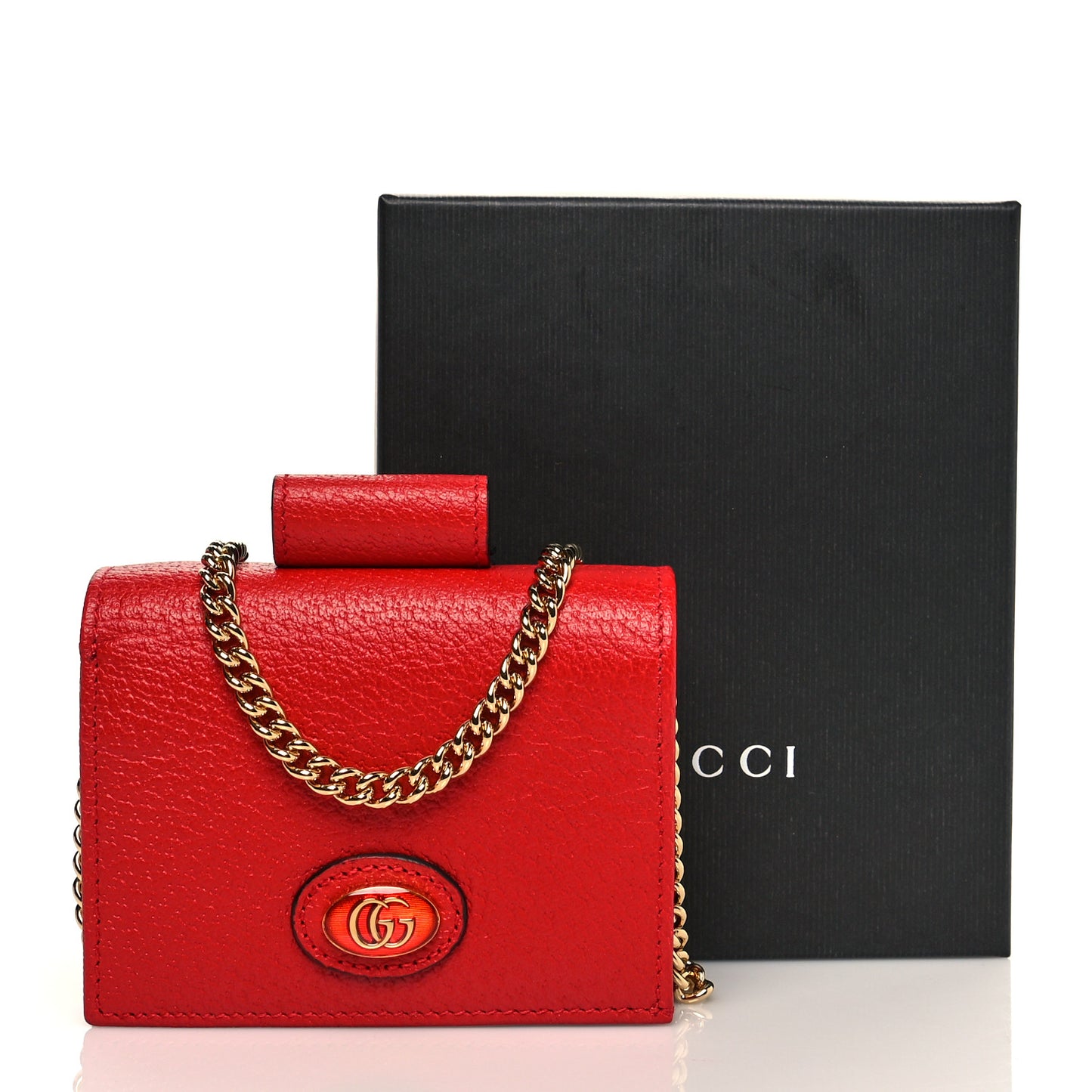 Textured Calfskin Enamel GG Hardcase Lipstick Holder Chain Wallet Lobster Red