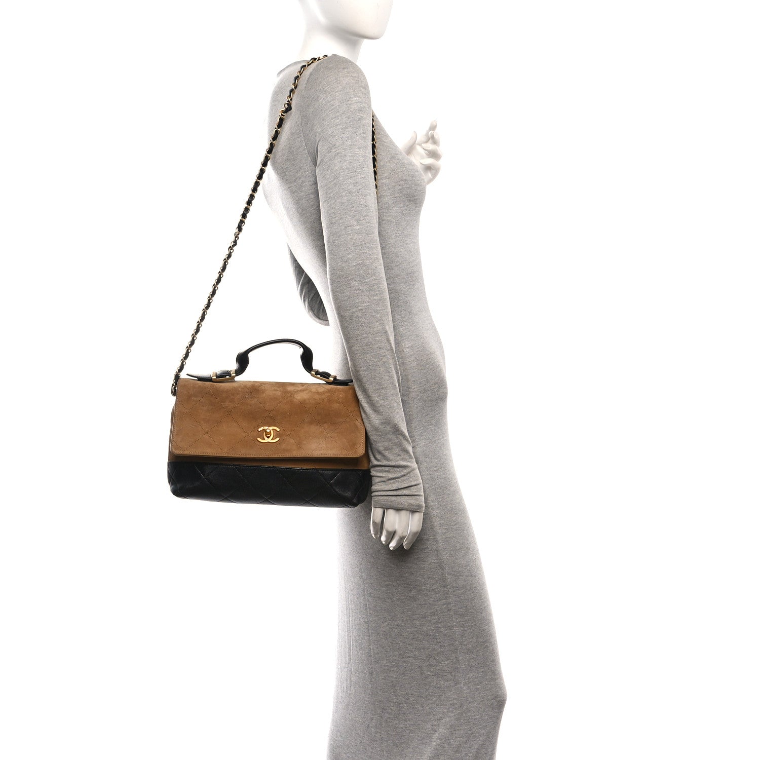 Chanel Suede Calfskin Shiny Lambskin Quilted Coco Base Flap Top Handle Bag  Beige Black 2 of 11