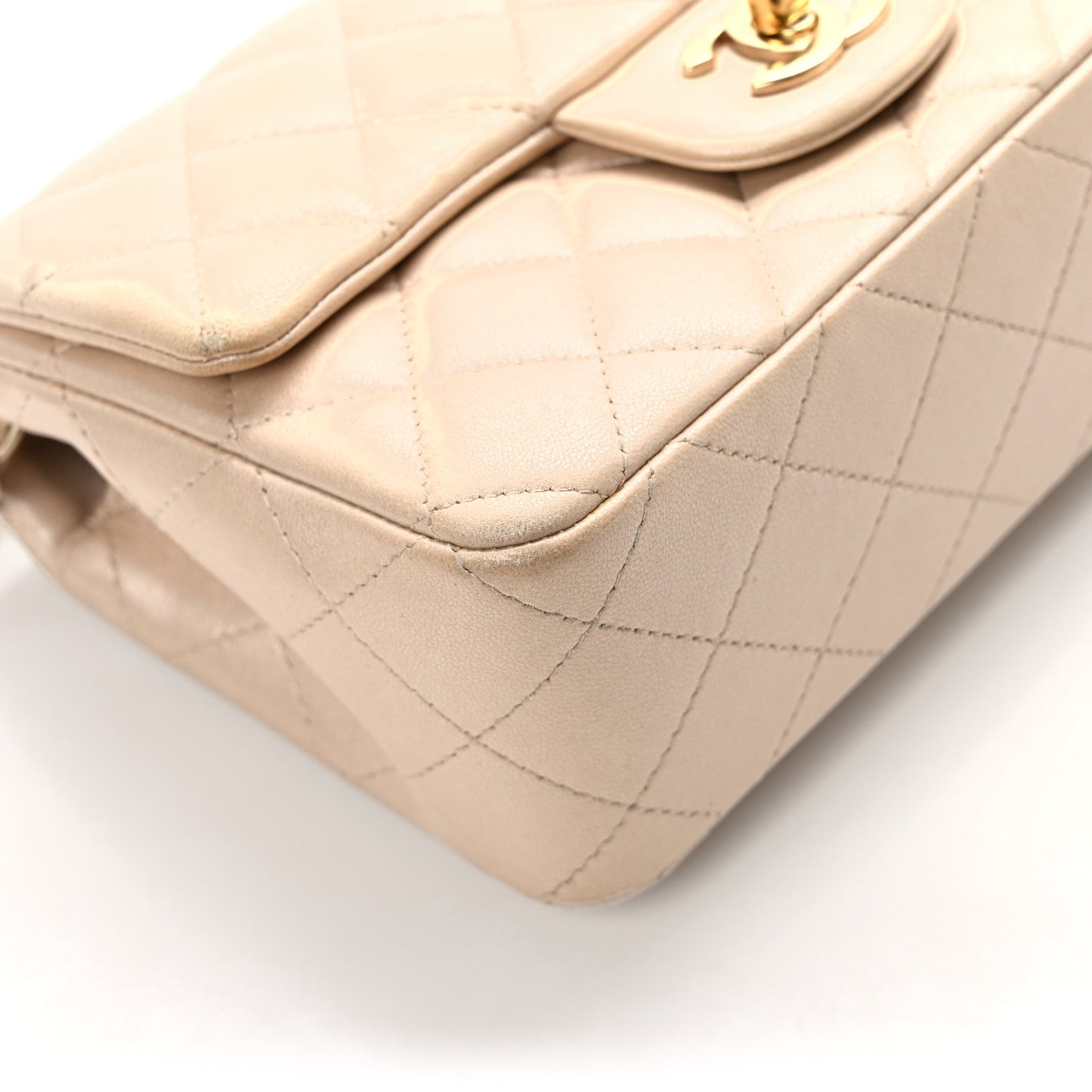 Iridescent Calfskin Quilted Mini Rectangular Flap Beige