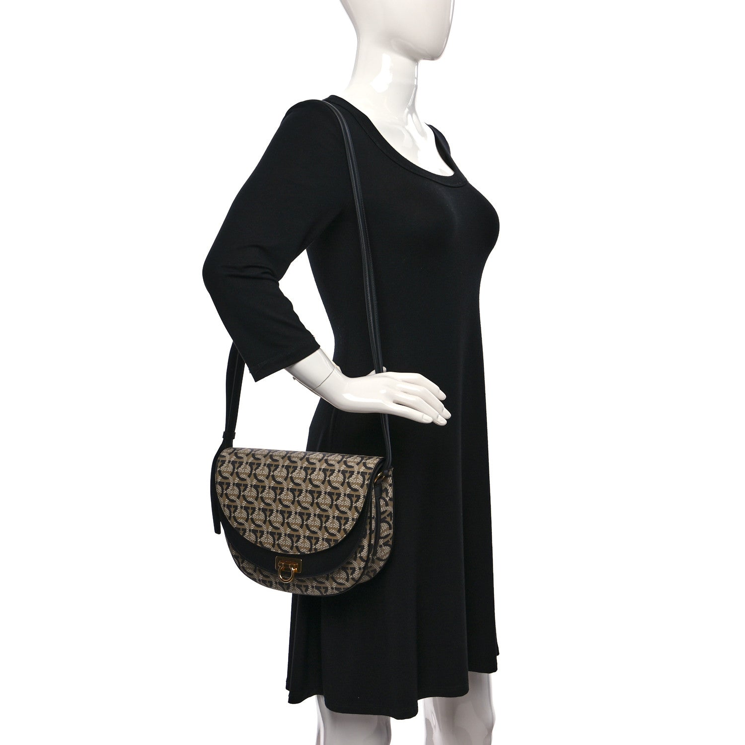 Salvatore Ferragamo Canvas Calfskin Gancini Saddle Bag Black Beige 2 of 10