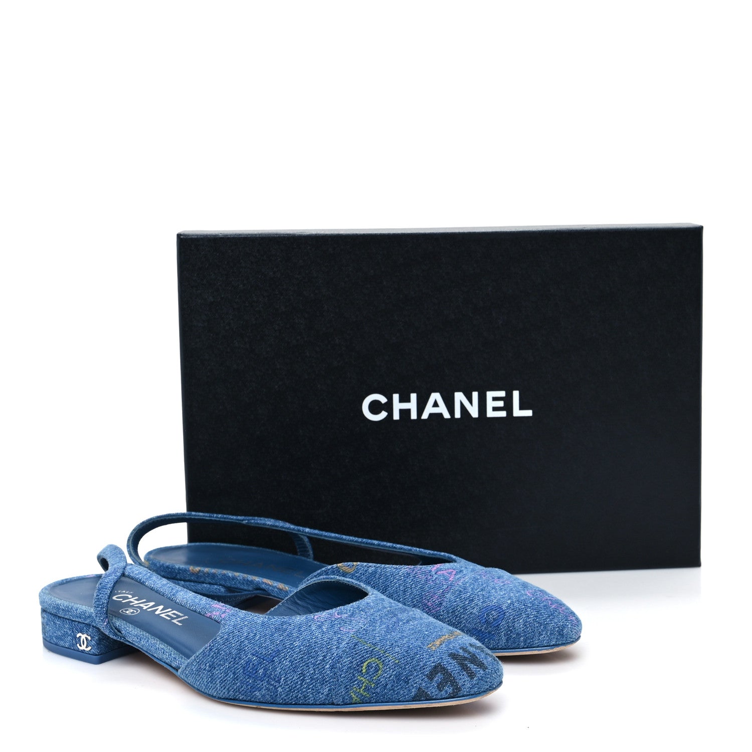 Chanel Denim Printed Denim Mood Cap Toe CC Slingback Flats 39 Light Blue Multicolor 11 of 11
