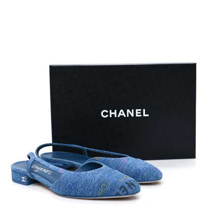 Chanel Denim Printed Denim Mood Cap Toe CC Slingback Flats 39 Light Blue Multicolor 11 of 11