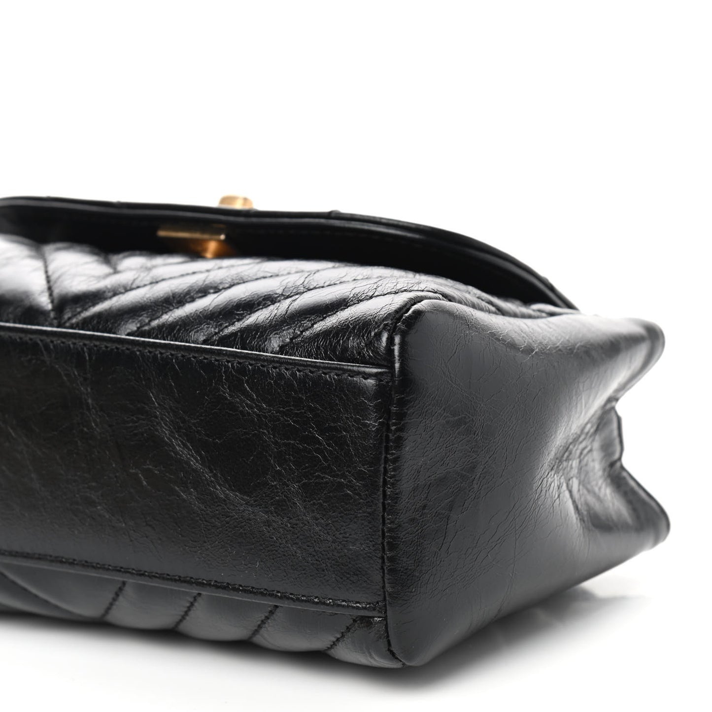 Glazed Calfskin Chevron Quilted Small Hampton Flap Black