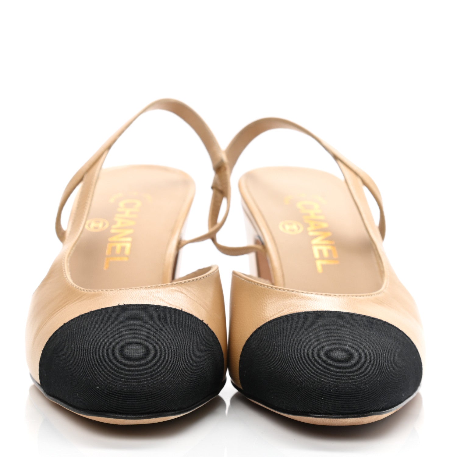 Chanel Goatskin Grosgrain Cap Toe CC Slingback Pumps 37.5 Beige Black 2 of 13