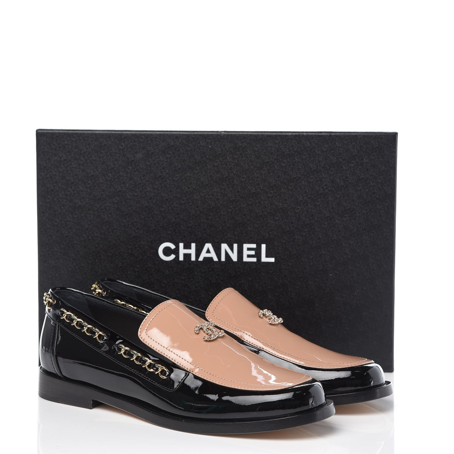 Patent Calfskin CC Chain Mocassin Loafers 39 Black Beige