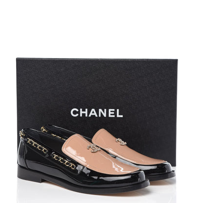 Chanel Patent Calfskin CC Chain Mocassin Loafers 39 Black Beige 9 of 9