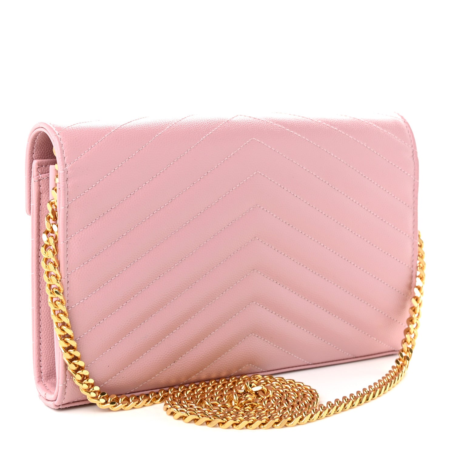 Saint Laurent Grain De Poudre Matelasse Chevron Monogram Chain Wallet Tender Pink 2 of 8