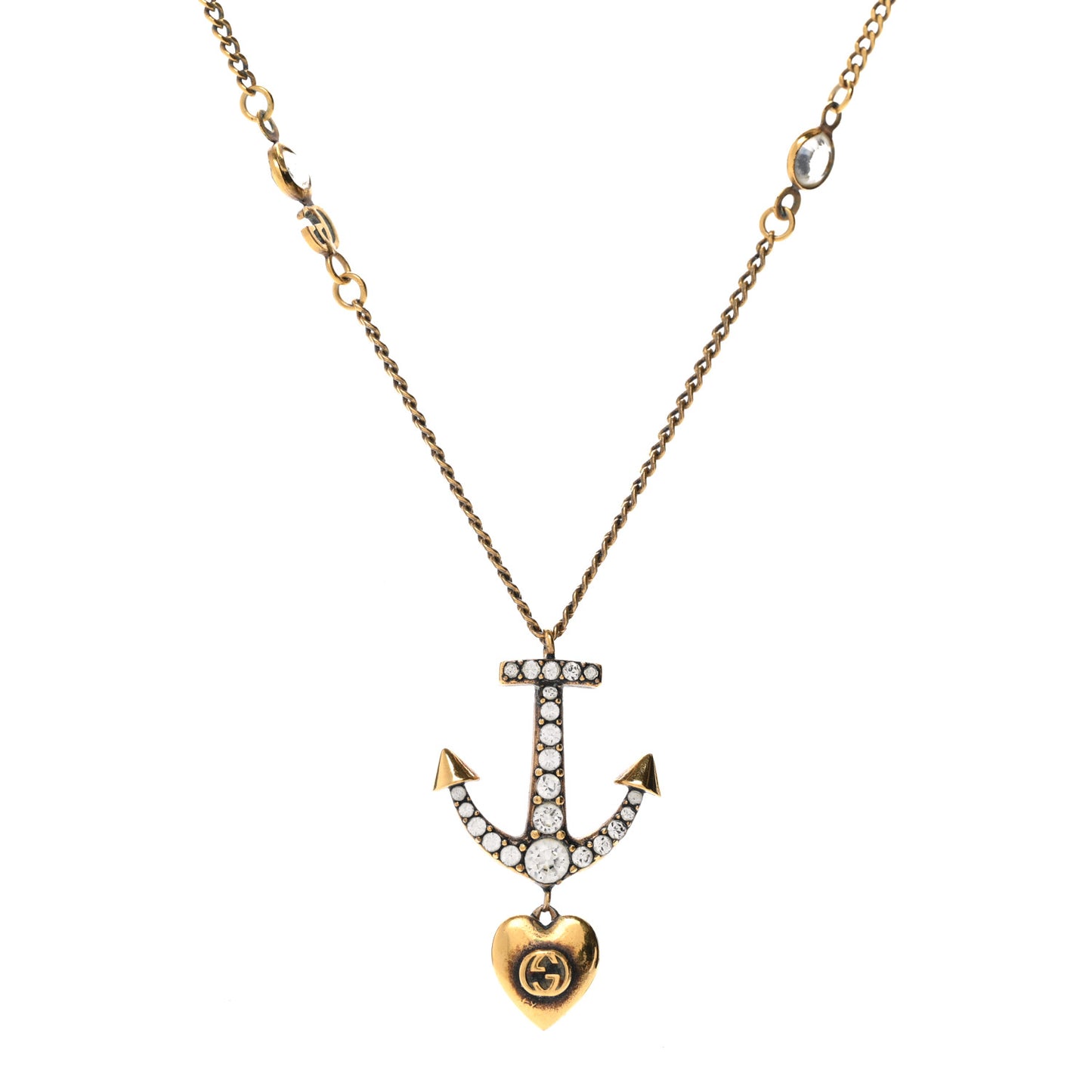 Crystal Anchor Heart Double G Necklace Aged Gold