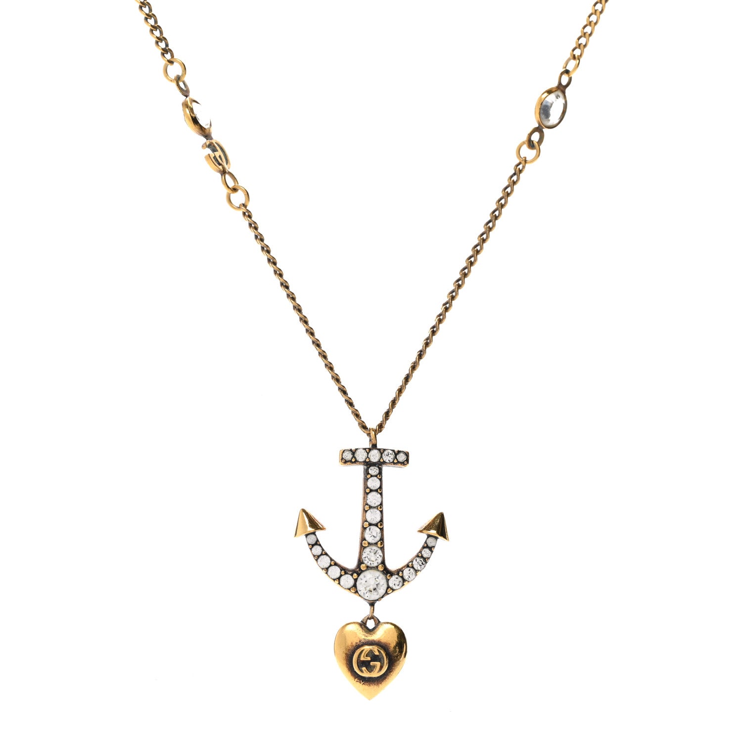 Gucci Crystal Anchor Heart Double G Necklace Aged Gold 1 of 6