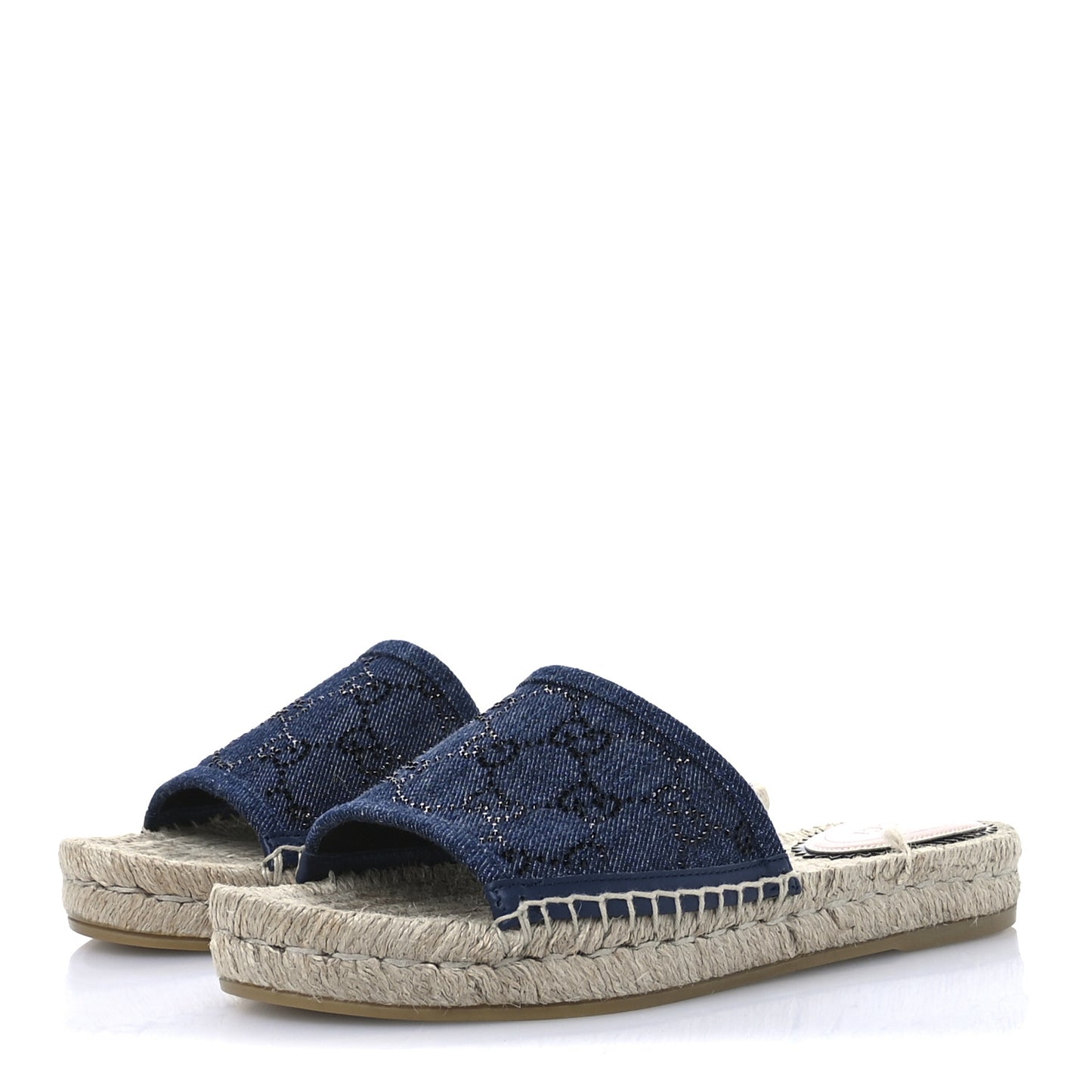 Denim Crystals GG Monogram Espadrille 20mm Slide Sandals 36.5 Denim