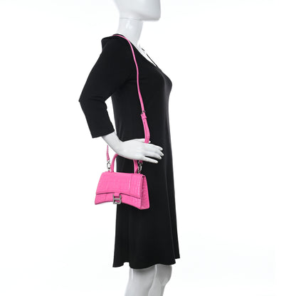 Balenciaga Shiny Calfskin Crocodile Embossed Hourglass Top Handle Bag XS Neon Pink 4 of 12