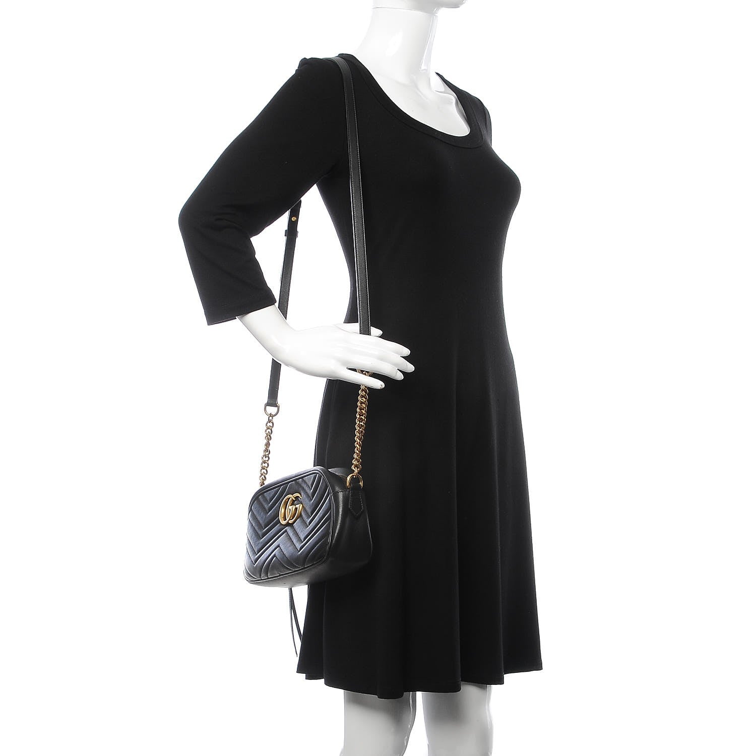 Gucci Calfskin Matelasse Small GG Marmont Chain Shoulder Bag Black 2 of 7