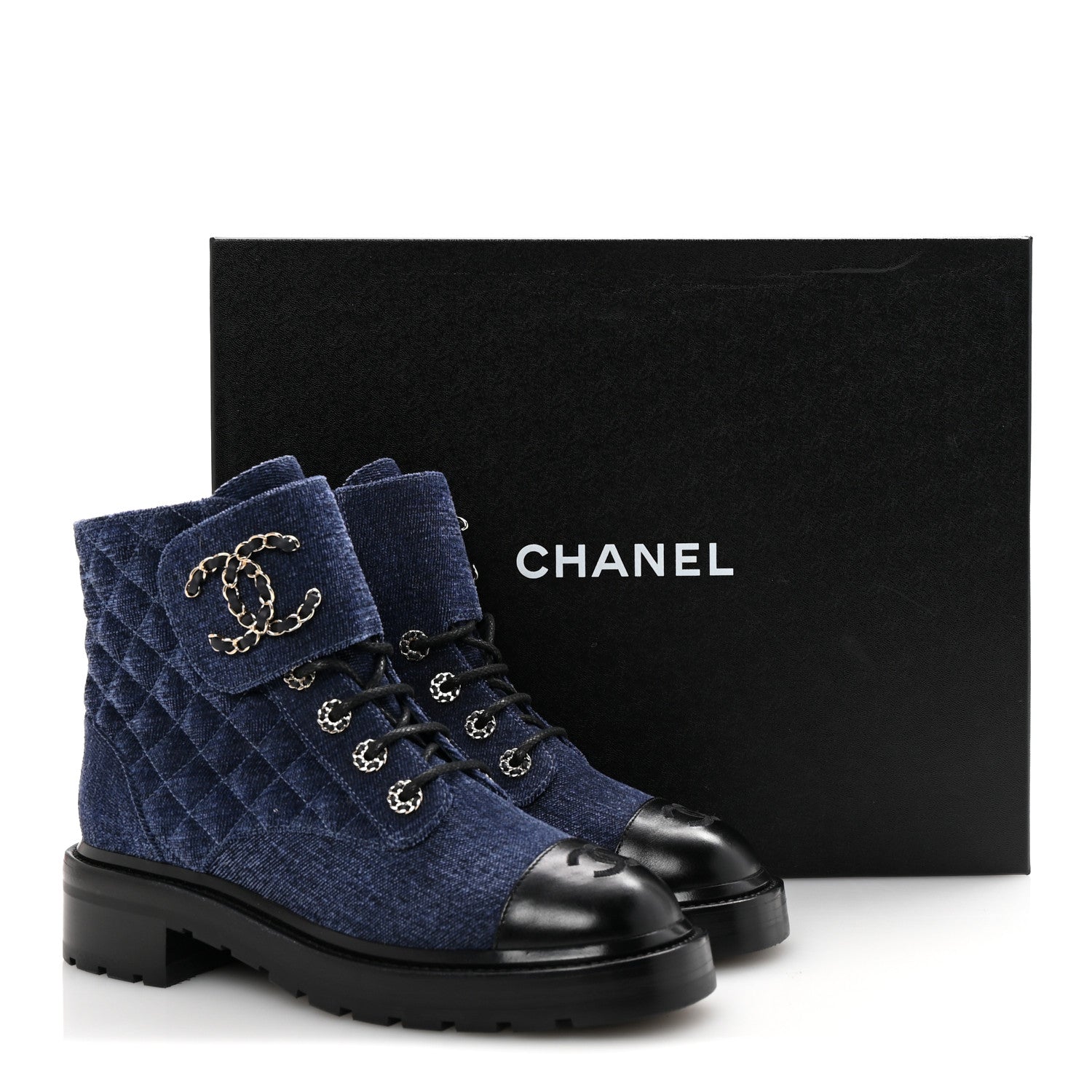 Chanel Shiny Calfskin Velvet Quilted Lace Up Combat Boots 38.5 Blue Black 9 of 9