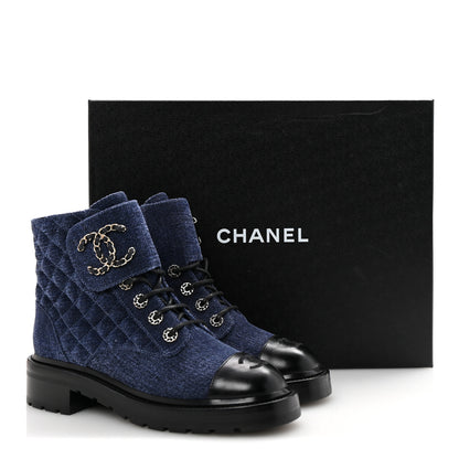 Chanel Shiny Calfskin Velvet Quilted Lace Up Combat Boots 38.5 Blue Black 9 of 9