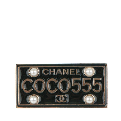 Chanel Metal Resin Pearl Coco License Plate Brooch Black Gold 1 of 5