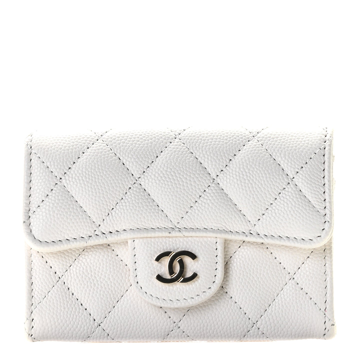 Caviar Quilted Flap Card Holder Wallet White