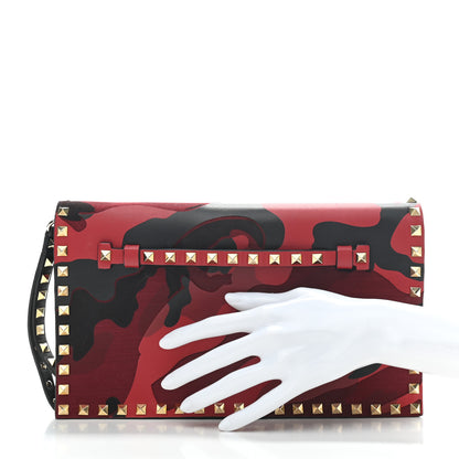 Valentino Garavani Nappa Canvas Camouflage Rockstud Wristlet Clutch Red Black 2 of 8