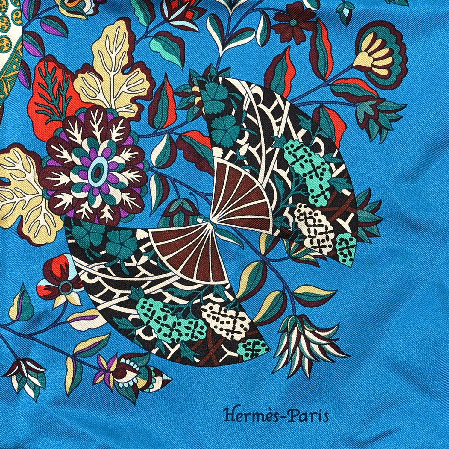 Hermes Silk Fleurs et Papillons de Tissus Shawl 90 Canard Vert Rouge 2 of 3