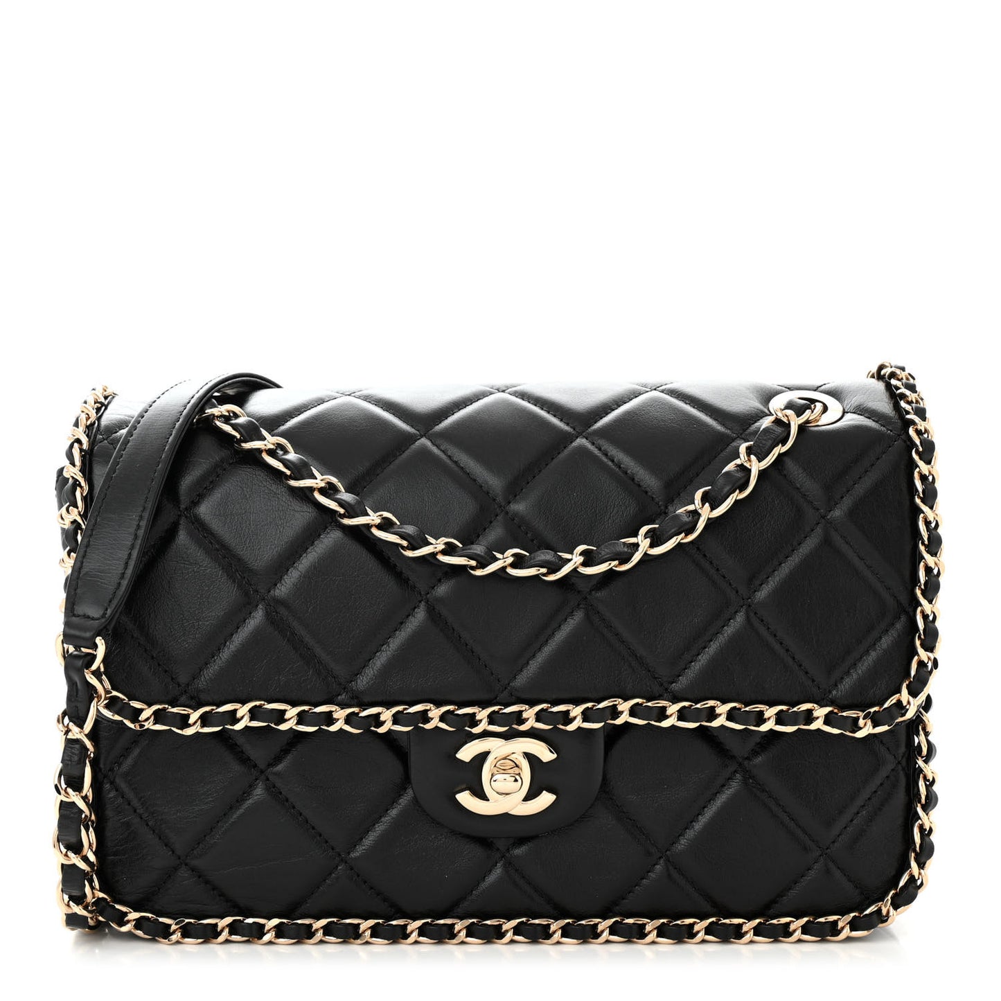 Crumpled Calfskin Medium Chain All Over Flap Black