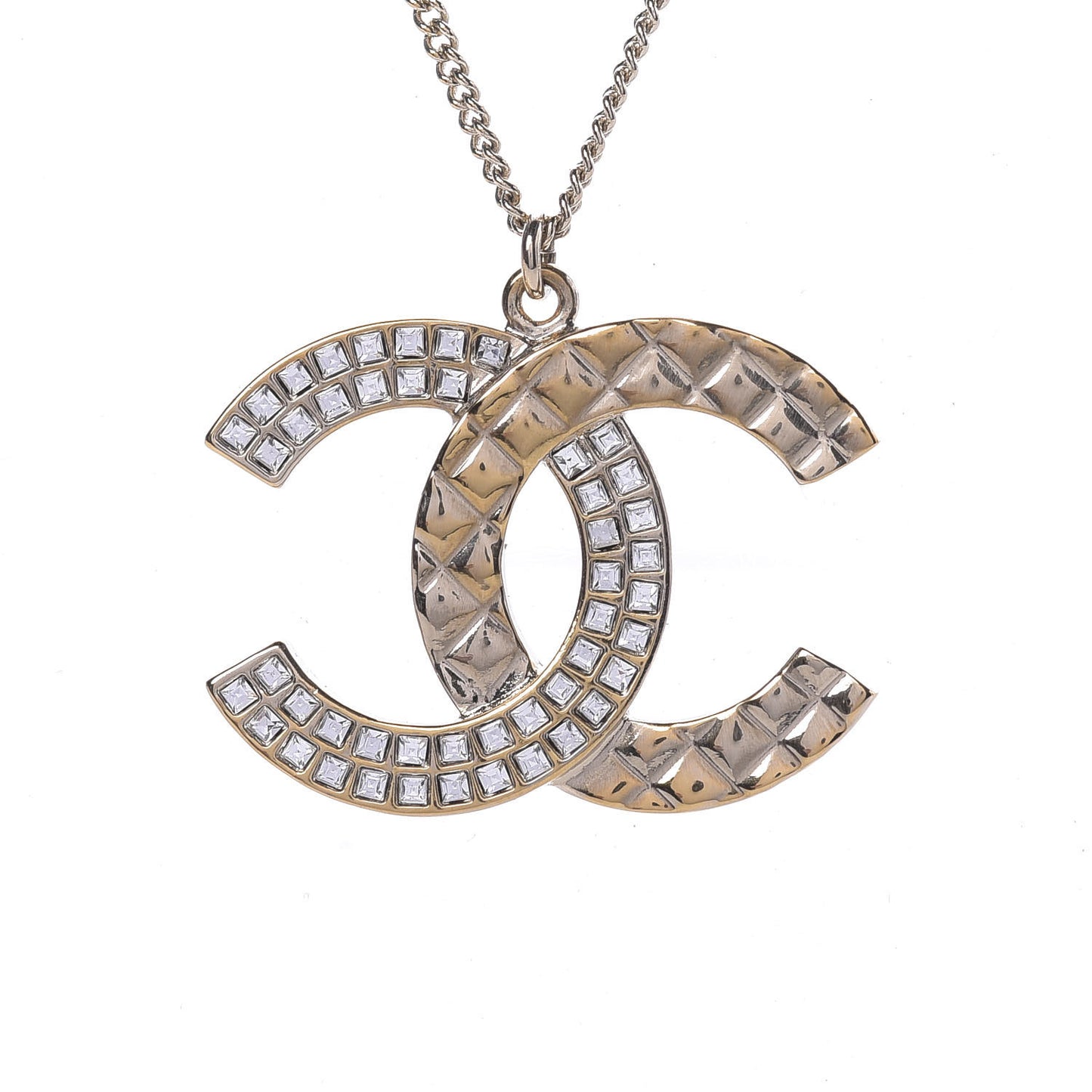 Baguette Crystal Quilted CC Pendant Necklace Gold