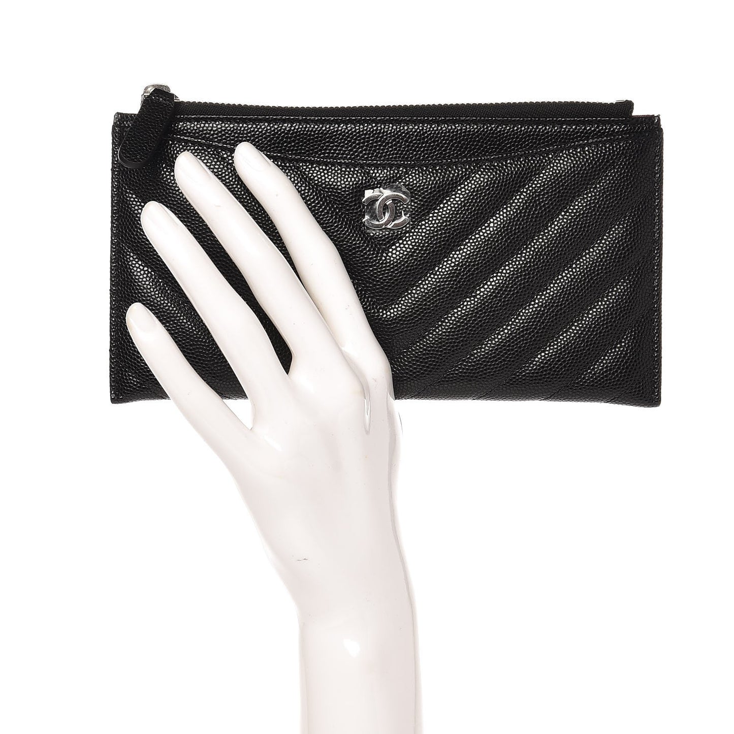 Caviar Chevron Quilted Zip Pouch Black