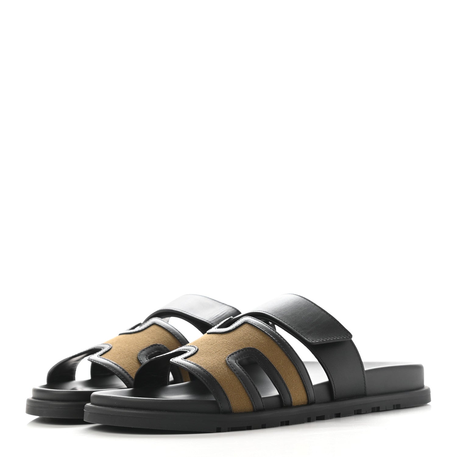 Hermes Canvas Calfskin Mens Chypre Sandals 42 Kaki Black 3 of 10
