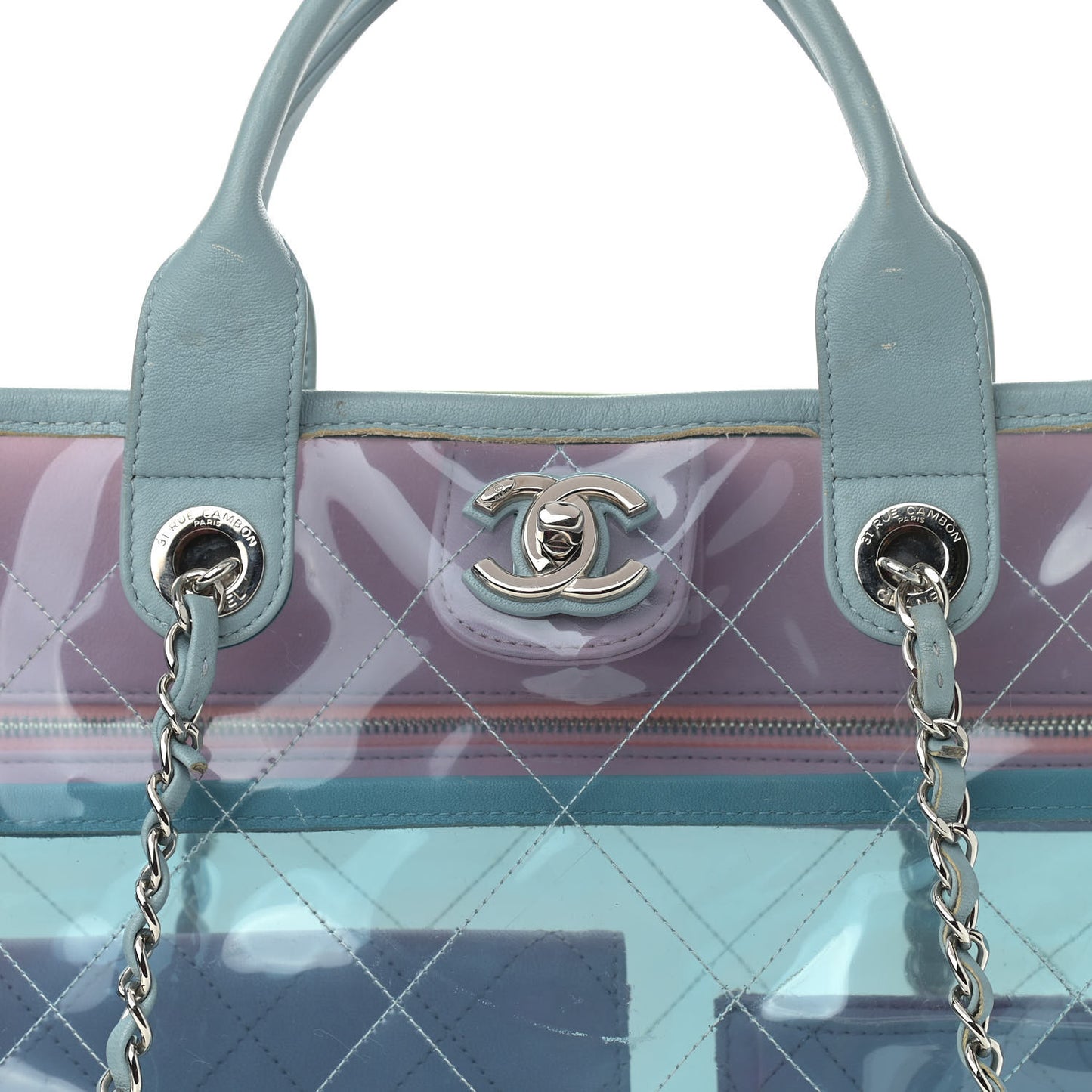 PVC Lambskin Stitched Medium Coco Splash Shopping Bag Blue Green Pink