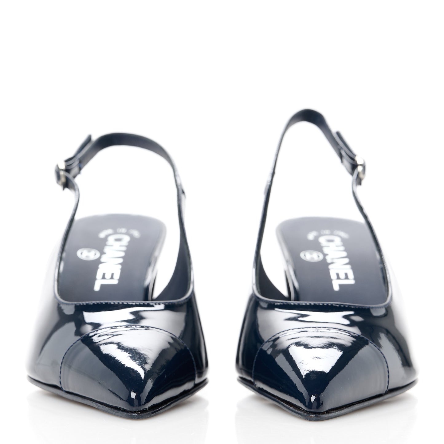 Patent Calfskin Cap Toe CC Slingback Pumps 35 Navy Blue