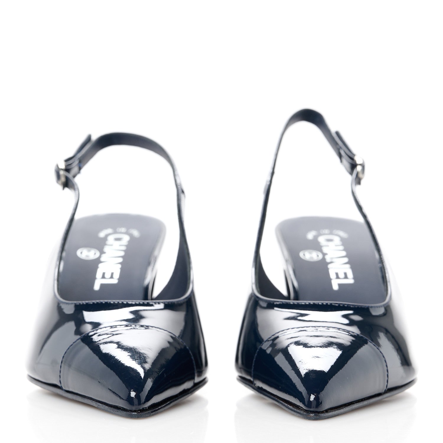 Chanel Patent Calfskin Cap Toe CC Slingback Pumps 35 Navy Blue 2 of 9